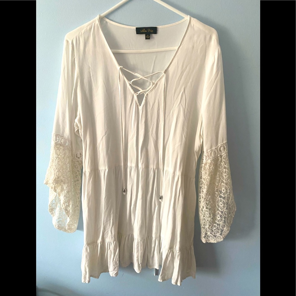 🌸2 for $12. Melissa Paige,  XL white boho shirt with great accents.  Rayon